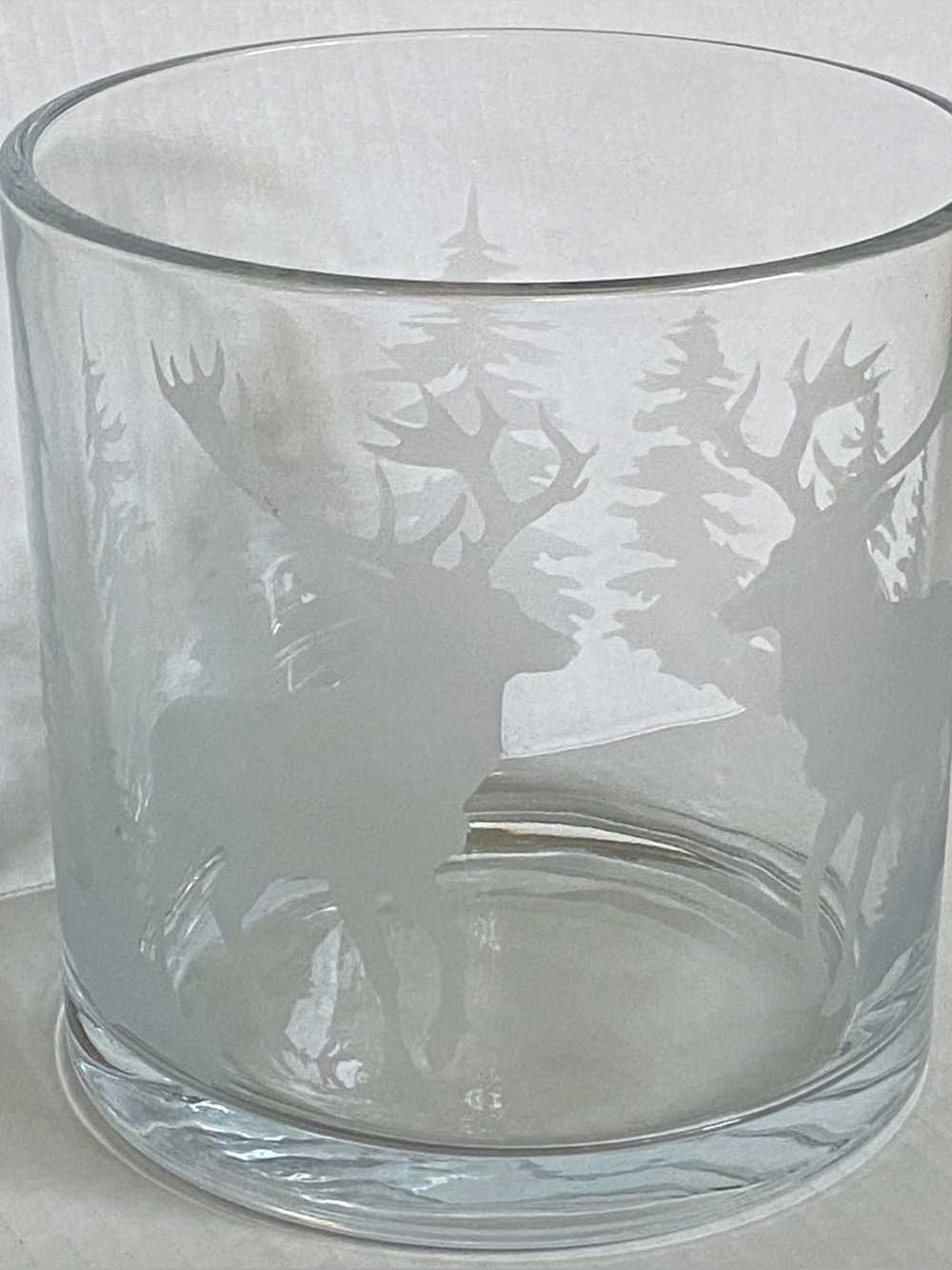 Etched Glass Cylinder Pillar Candle Holder 6” X 6” Vase Woodland Deer Tree EUC